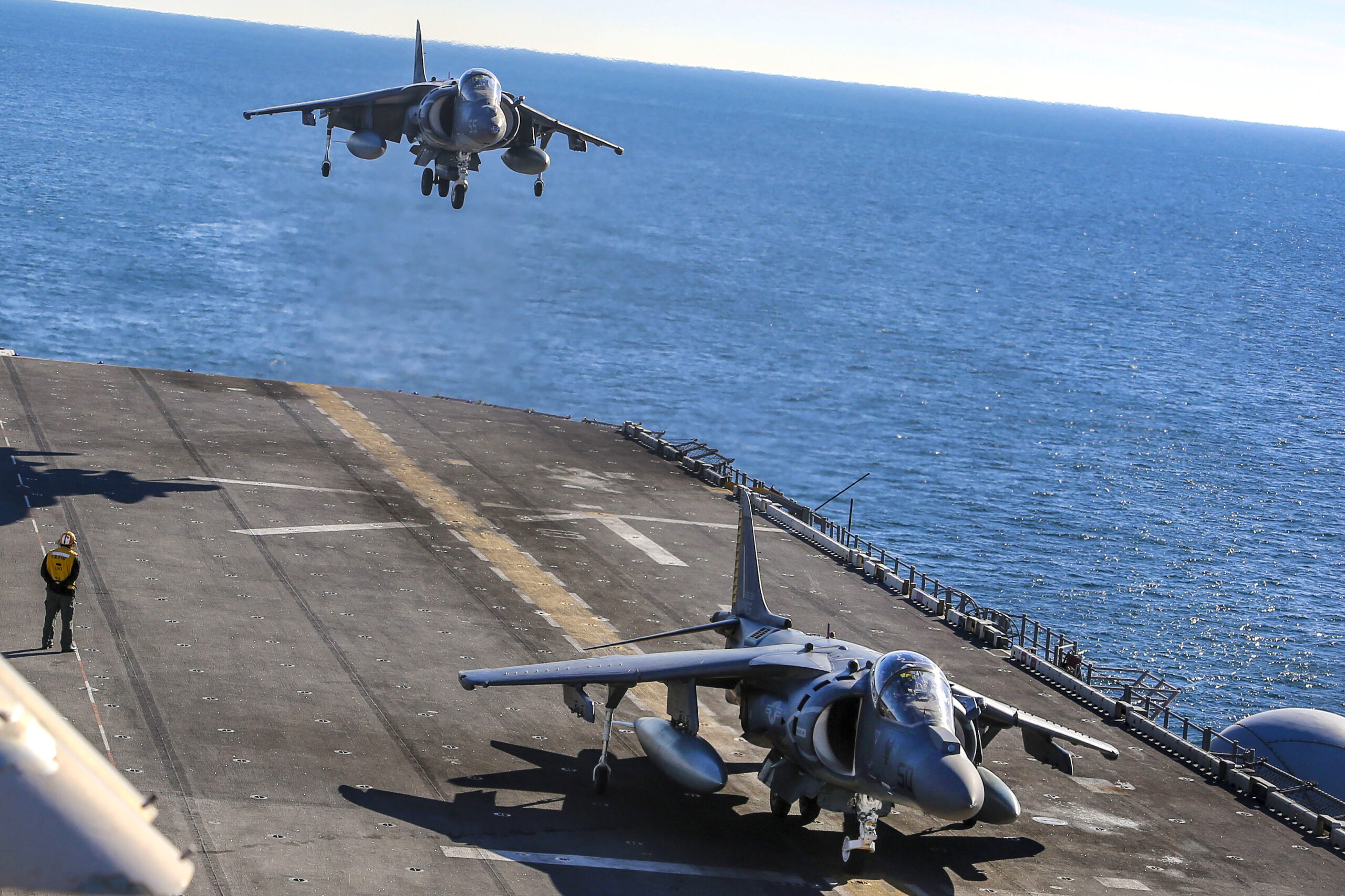 A U.S. Marine Corps AV-8B Harrier II receives fuel over Iraq while supporting Operation Inherent Resolve, Dec. 31, 2015. Operation Inherent Resolve is the coalition intervention against the Islamic State of Iraq and the Levant. U.S. Air Force photo by Tech. Sgt. Nathan Lipscomb