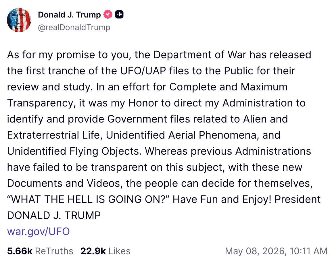 Trump Administration Unveils First Batch of Long-Hidden UFO Files