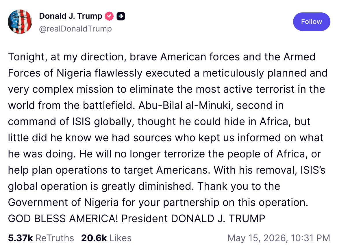 Trump Announces Death of ISIS No. 2 in Bold U.S.-Nigerian Operation